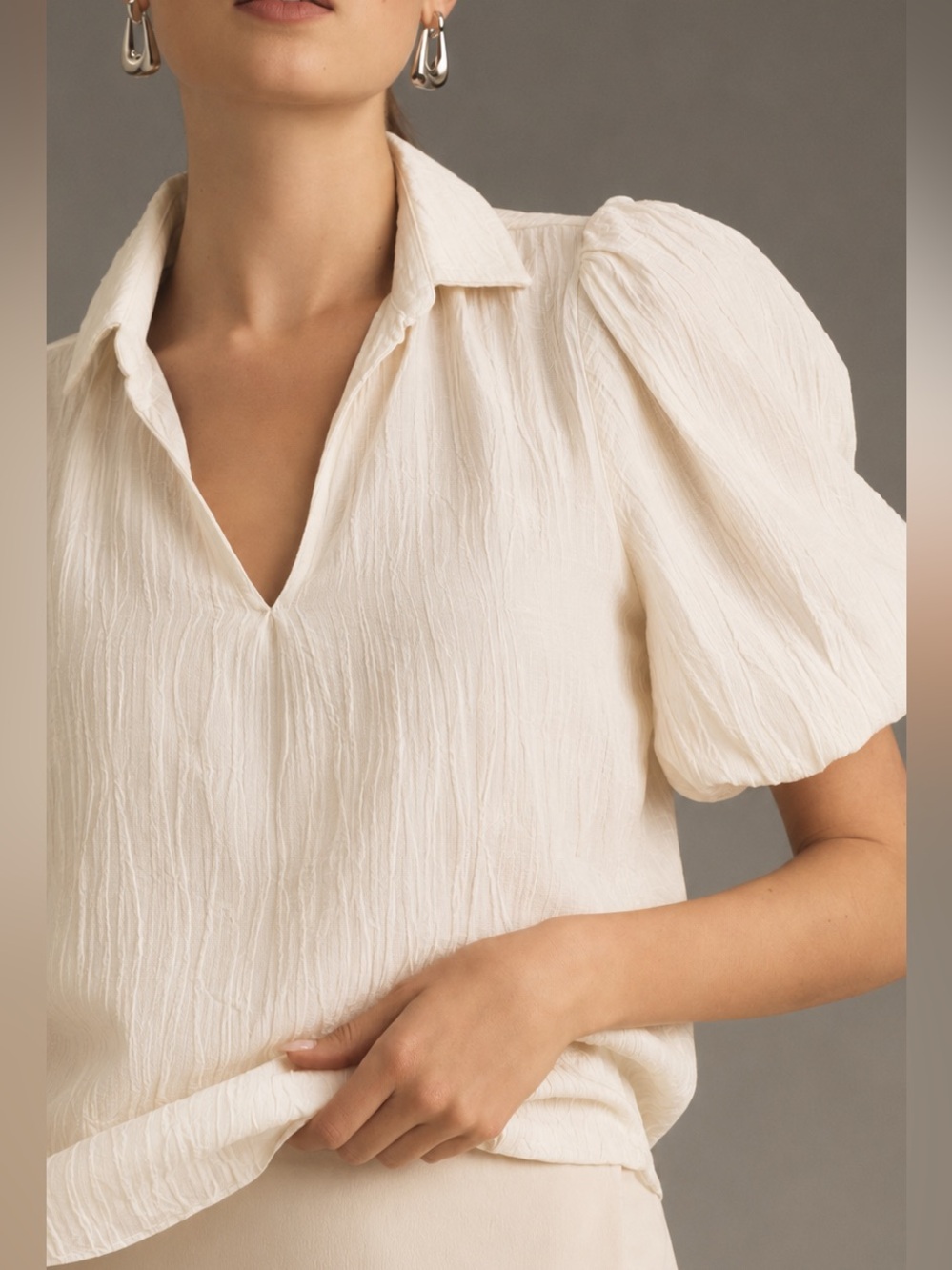 Bishop + Young Sofia Bubble Sleeve Ivory Crinkle Top Boho Cottagecore Romantic S